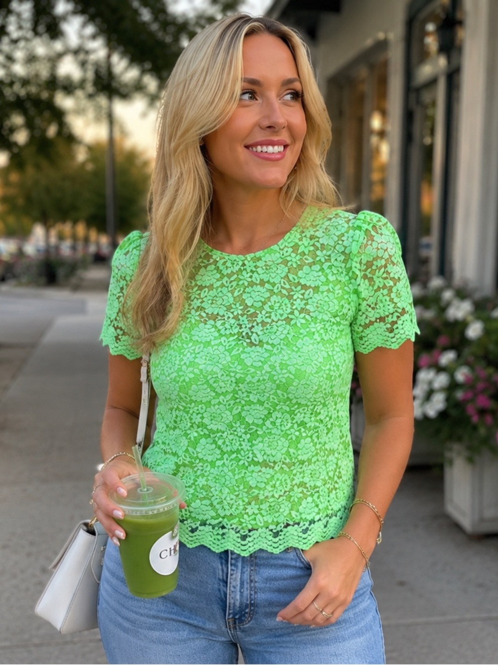 Neon Green Floral Lace Short Sleeve Top